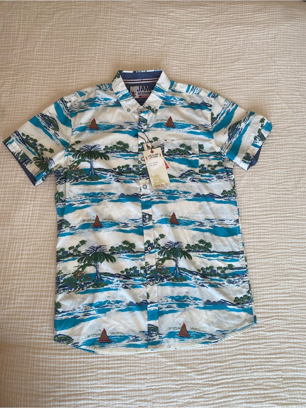 Jam Session NWT Hawaiian Tropical Button Up Shirt XL Slim Fit Beach Print